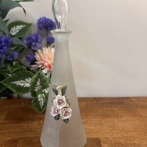 Verreries de l'Est Frosted Glass Decorative Bottle – 16 oz Embossed Flower Genie